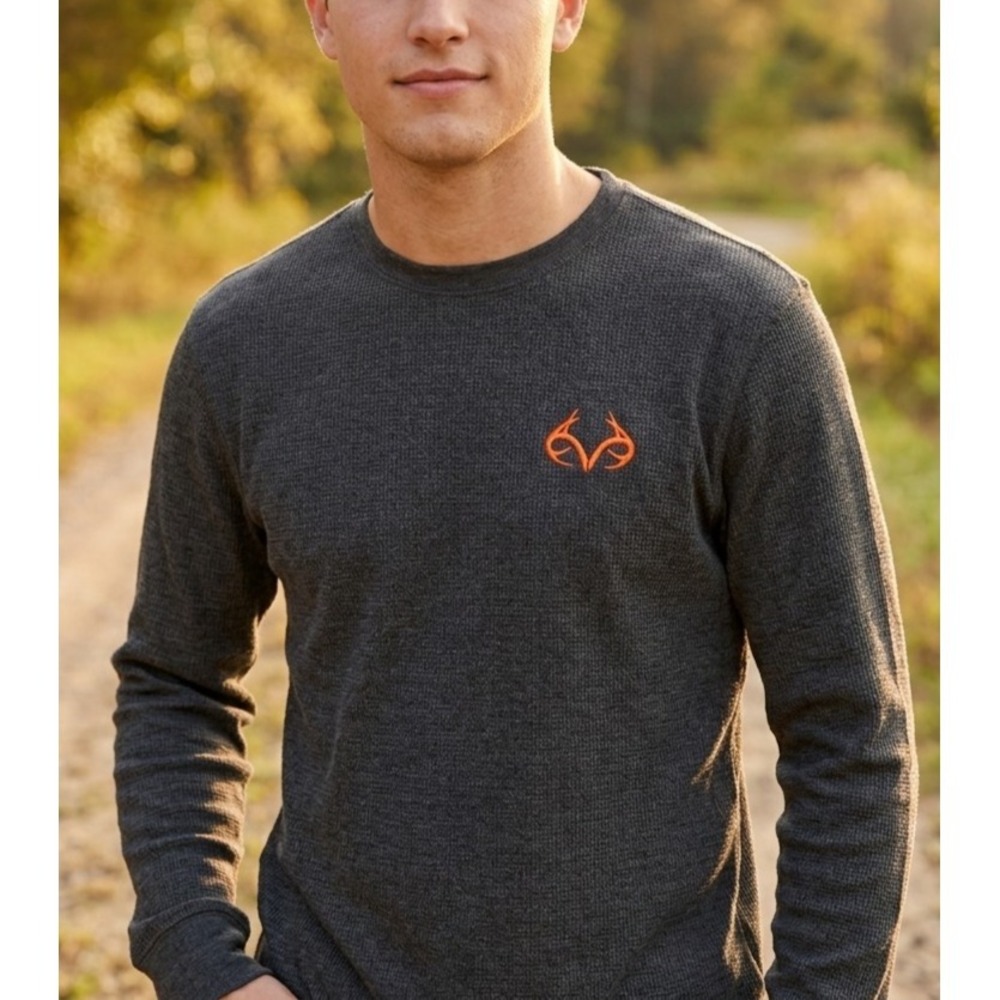 Realtree Mens Waffle Knit Thermal Long Sleeve Shirt Charcoal Gray Orange Logo L